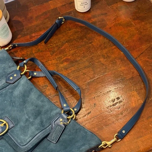 Coach Dark Teal Suede Shoulder Bag with Gold Hardware - Picture 15 of 16
